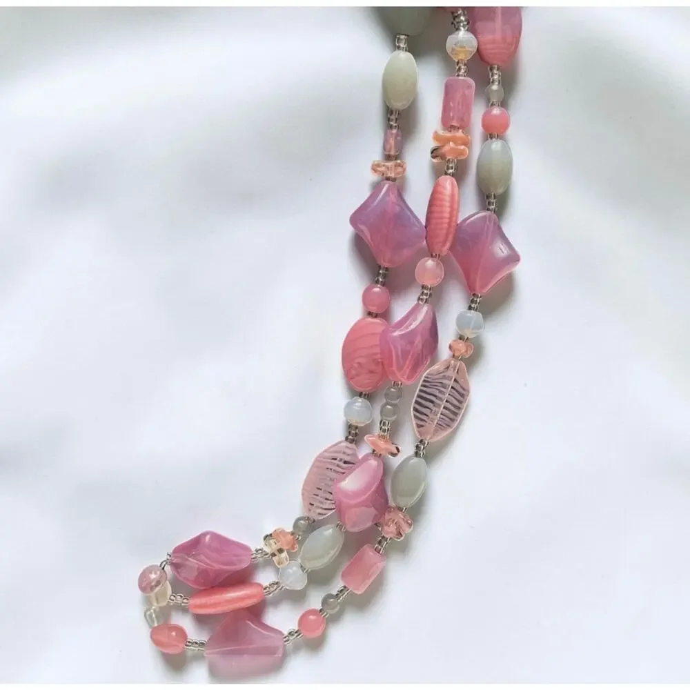 Vintage Multi-Strand Pink & White Quartz, Carved Glass Beads Cascading Necklace